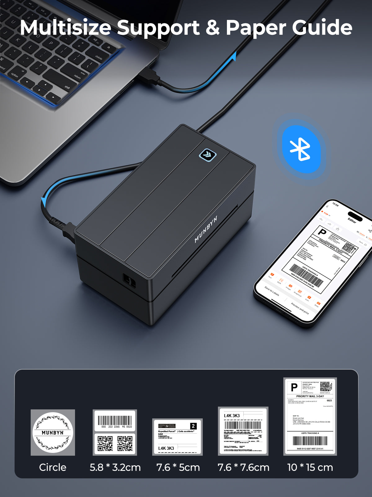 MUNBYN RealWriter 130B thermal label printer kit with black printer and accessories, designed for efficient label printing.