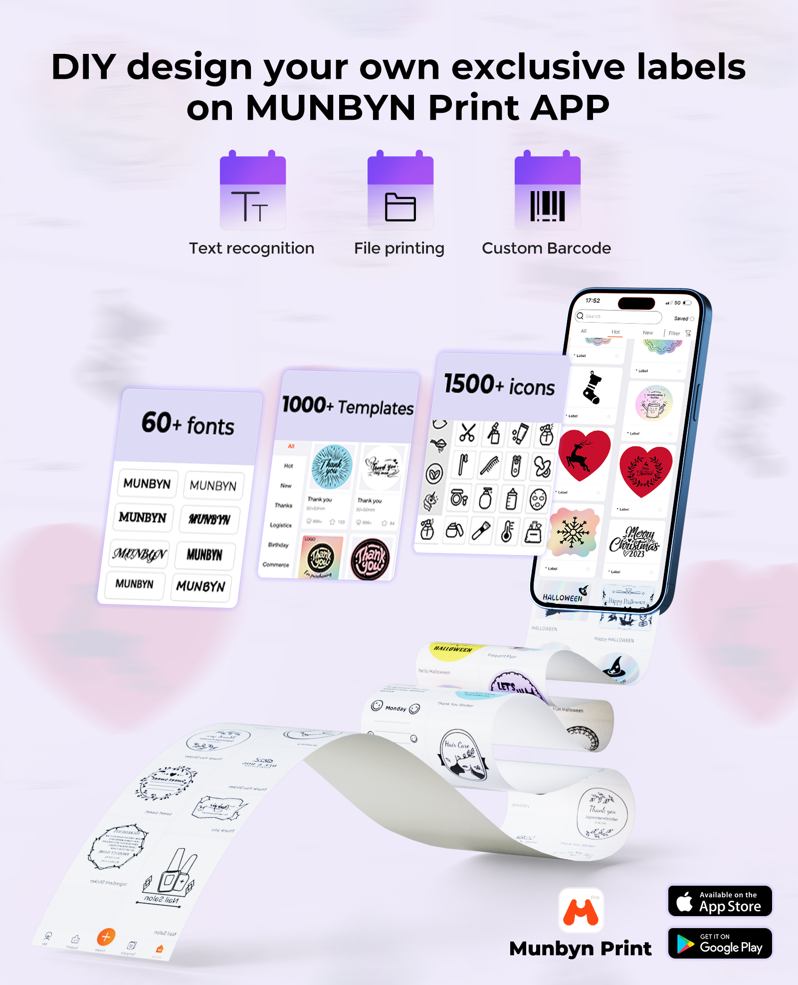 MUNBYN RealWriter 130B thermal label printer kit with printing sample on labels and device setup in use.