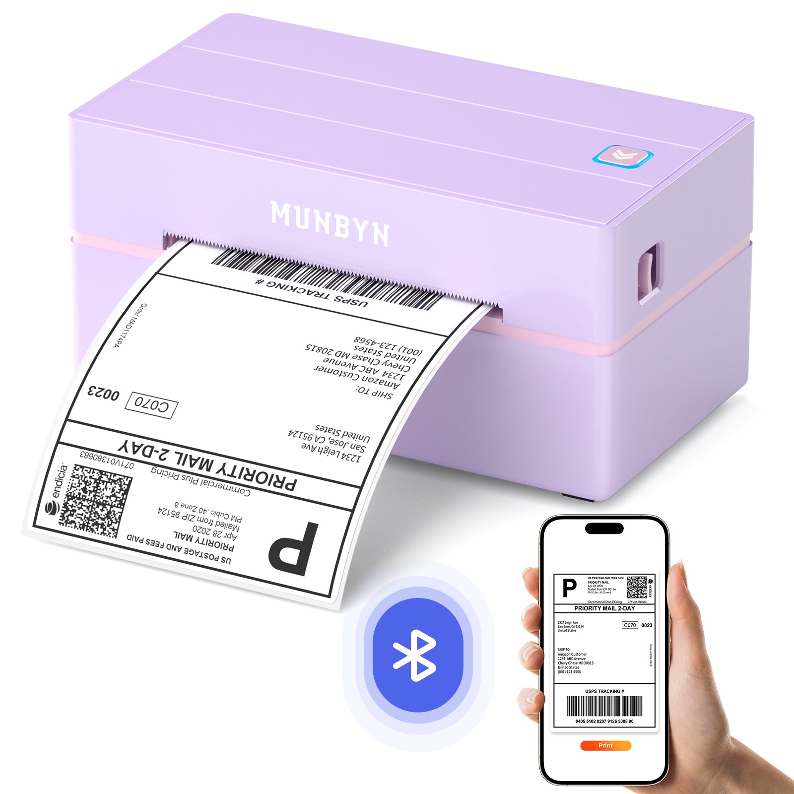 MUNBYN RealWriter 130B thermal label printer printing a label, compact design with modern black finish for office or shipping use.