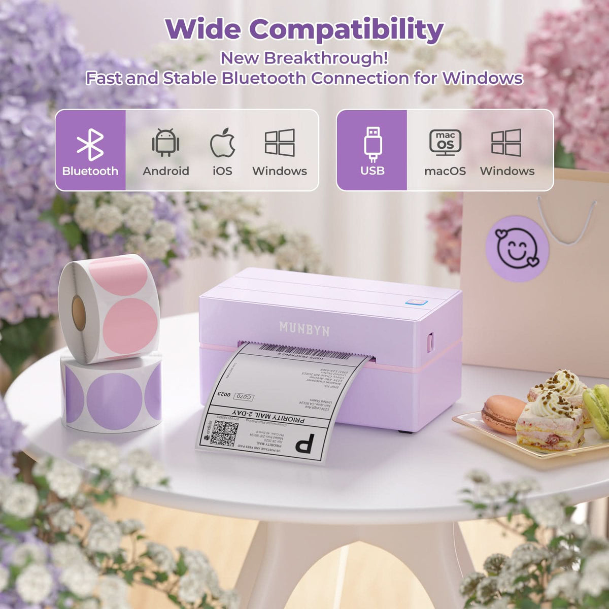 MUNBYN RealWriter 130B thermal label printer kit showing the compact device with label rolls ready for printing.