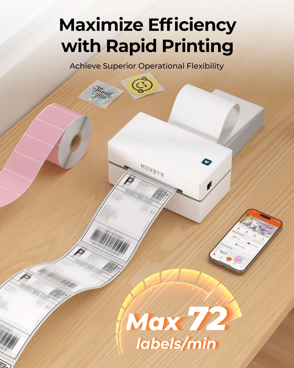 MUNBYN RealWriter 130B thermal label printer kit with black and white design, compact and ready for shipping label printing.