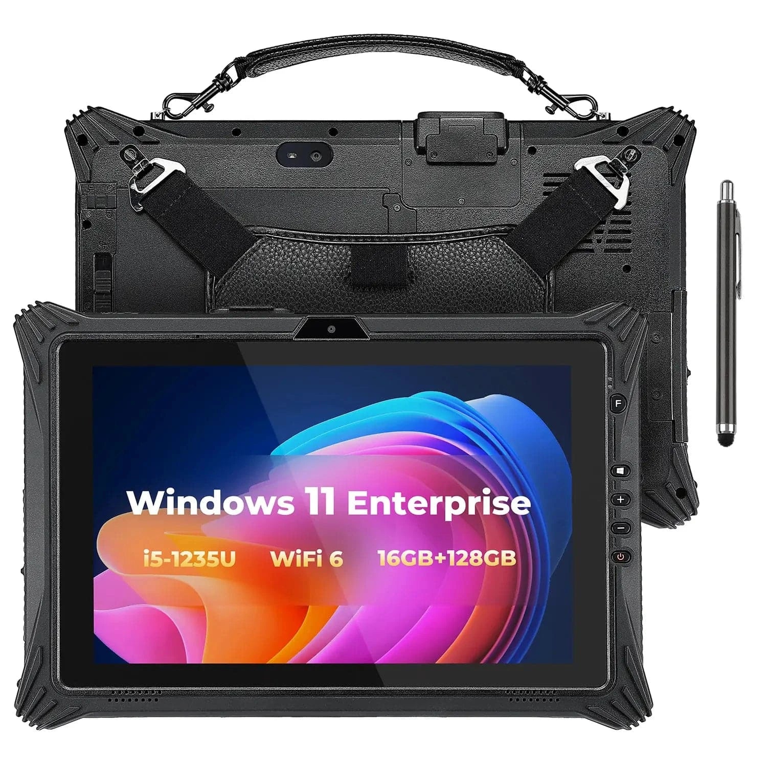 MUNBYN rugged industrial tablet with a black case, equipped with a stylus, displaying Windows 11 Enterprise on the screen, highlighting its specifications like i5-1235U processor, 16GB RAM, and WiFi 6 connectivity.