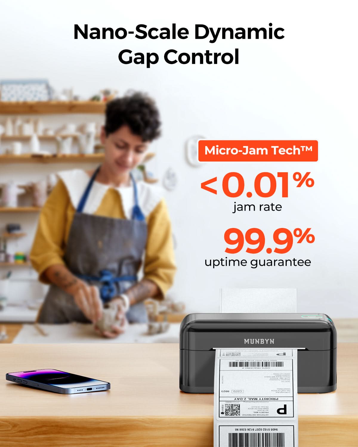MUNBYN RealWriter 402B thermal label printer with black body and compact design, suitable for shipping and label printing.