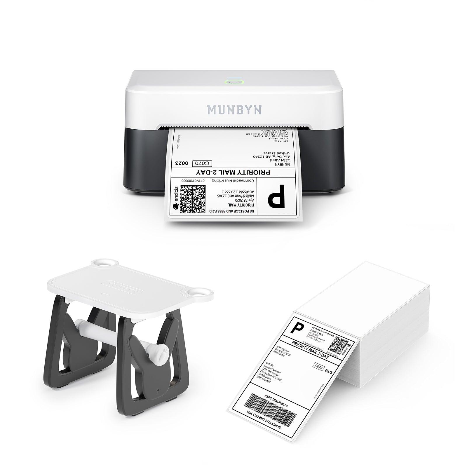 MUNBYN RealWriter 403B thermal label printer kit with printer, power adapter, and accessories for shipping labels.
