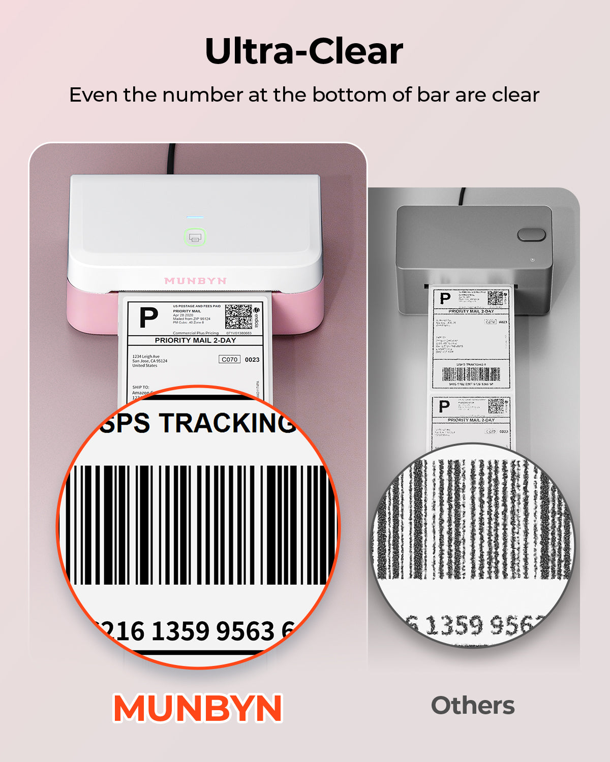 MUNBYN RealWriter 403B thermal label printer with pink casing, compact design, shown printing labels on a clean white background.