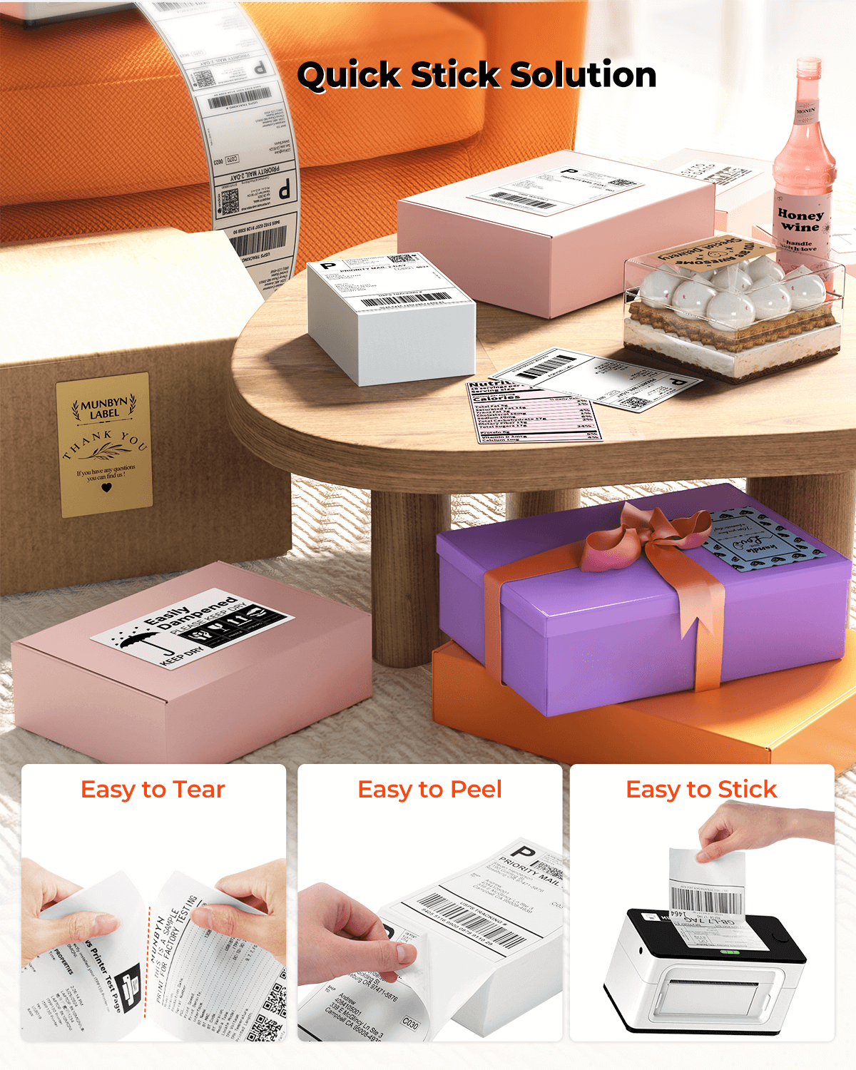 MUNBYN 4x6 shipping label printer paper sheet with four labels for label printing and shipping label creation.
