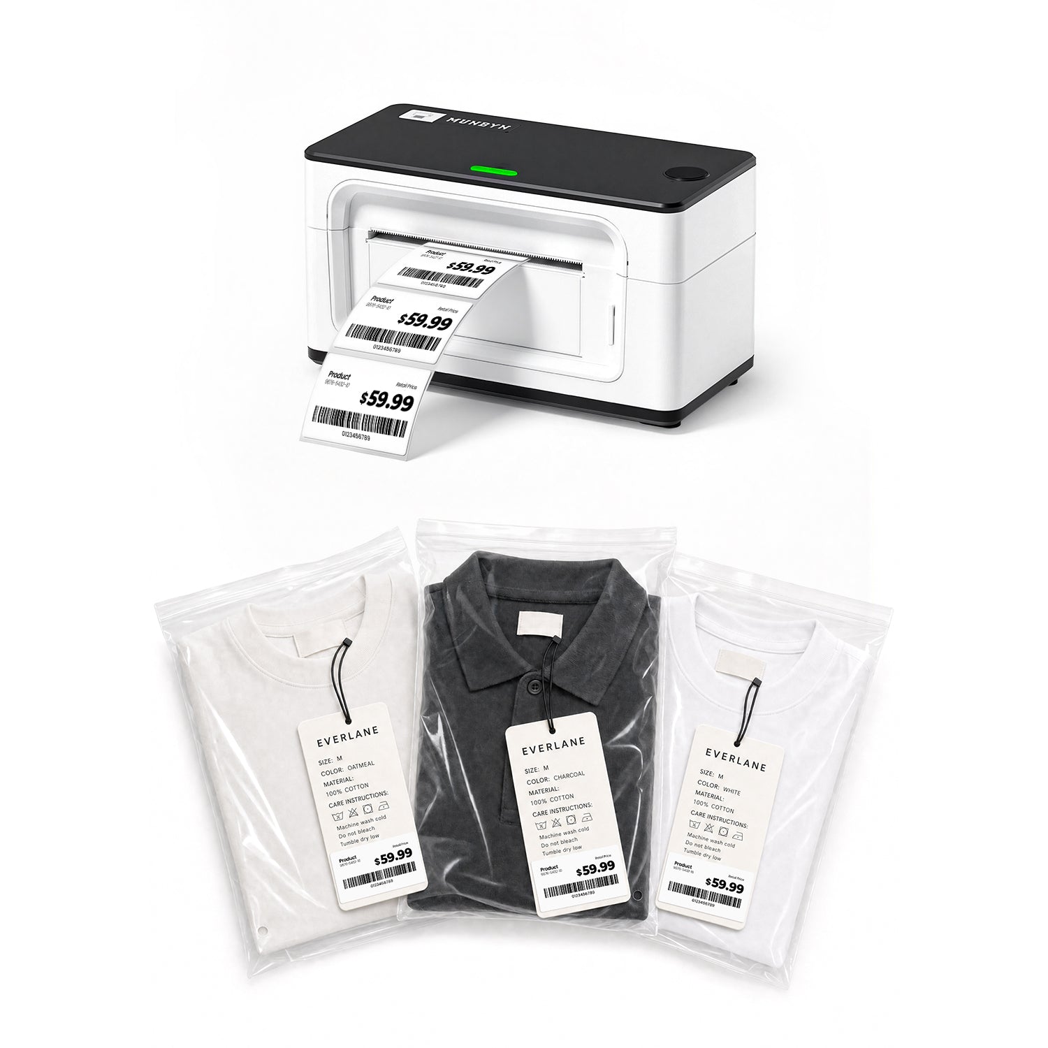 MUNBYN RealWriter 941B Bluetooth Printer & Rectangle Labels Clothing Product Starter Kit
