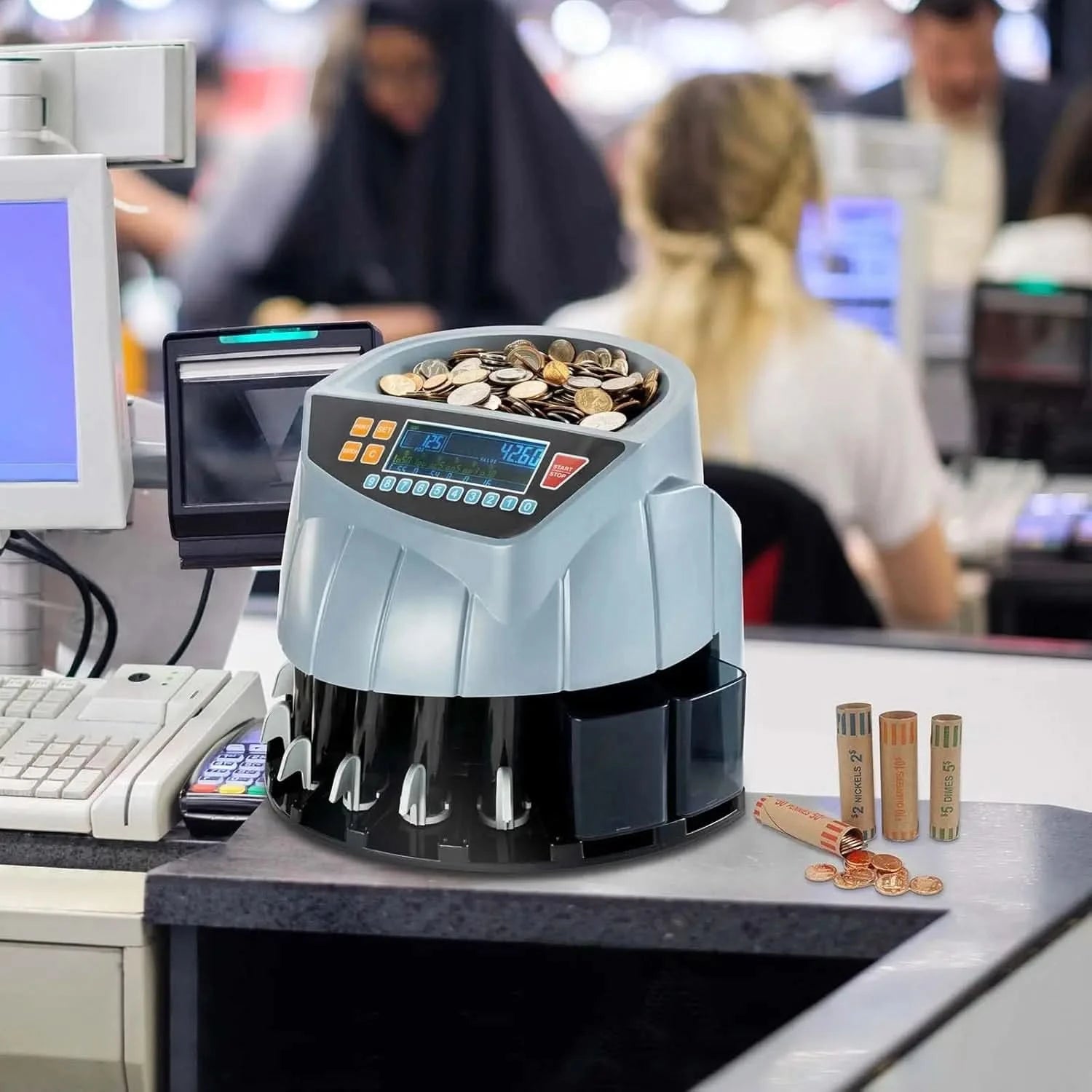 MUNBYN IMC10 money counter machine with digital display and currency counting features, placed on a clean table.