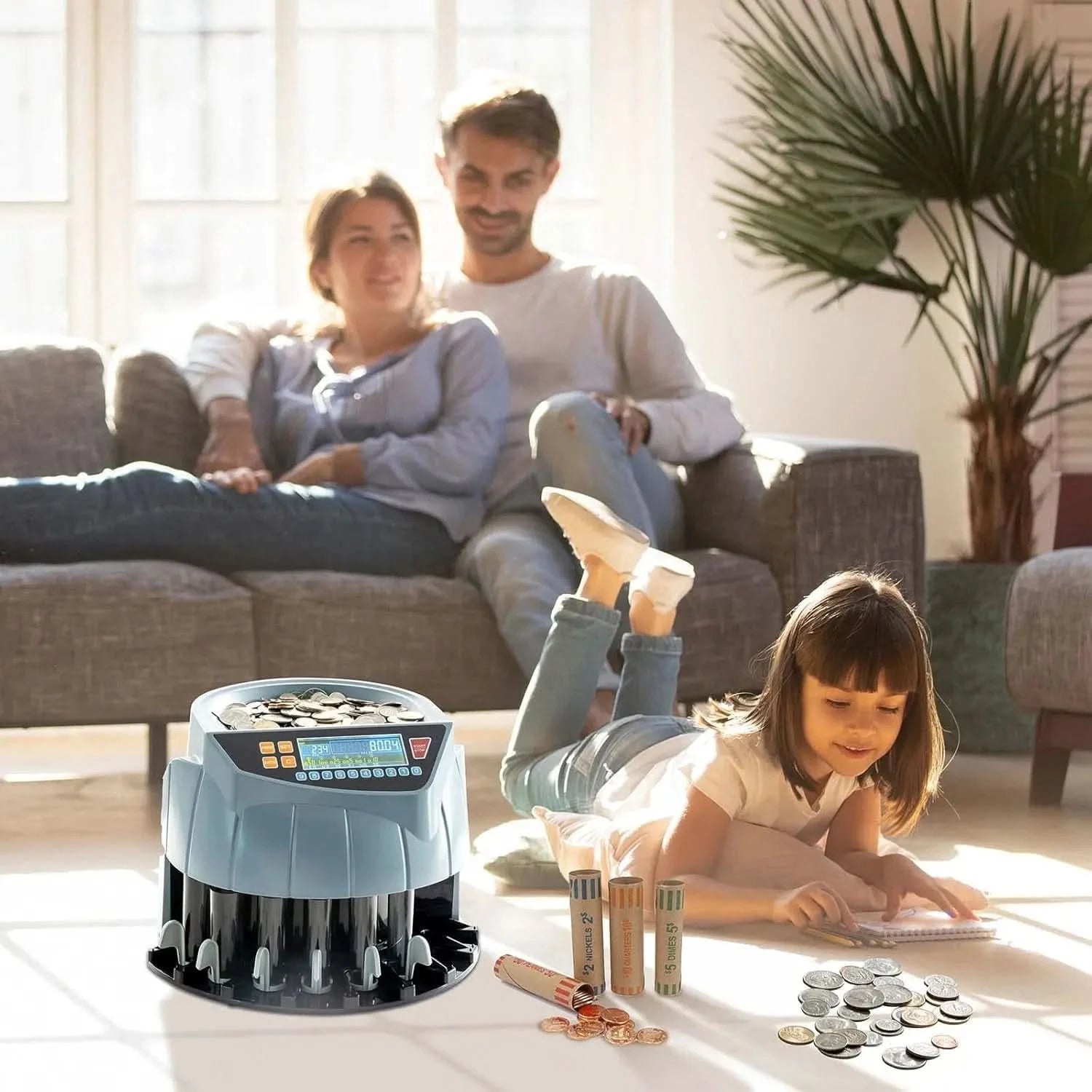 MUNBYN IMC10 money counter machine counting bills on a flat surface with digital display visible.