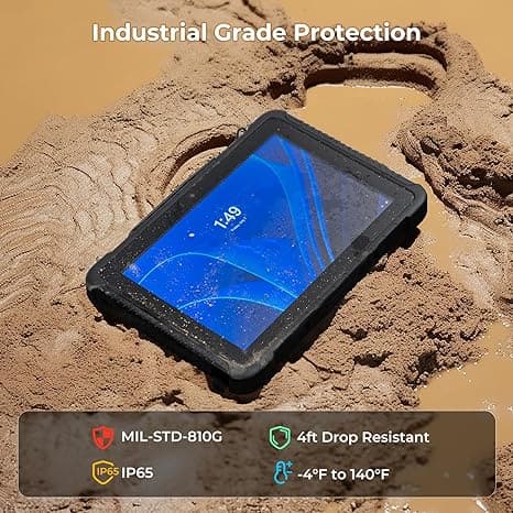 MUNBYN IRT08 Windows scanner tablet with touchscreen display and barcode scanning capabilities, shown in the image.