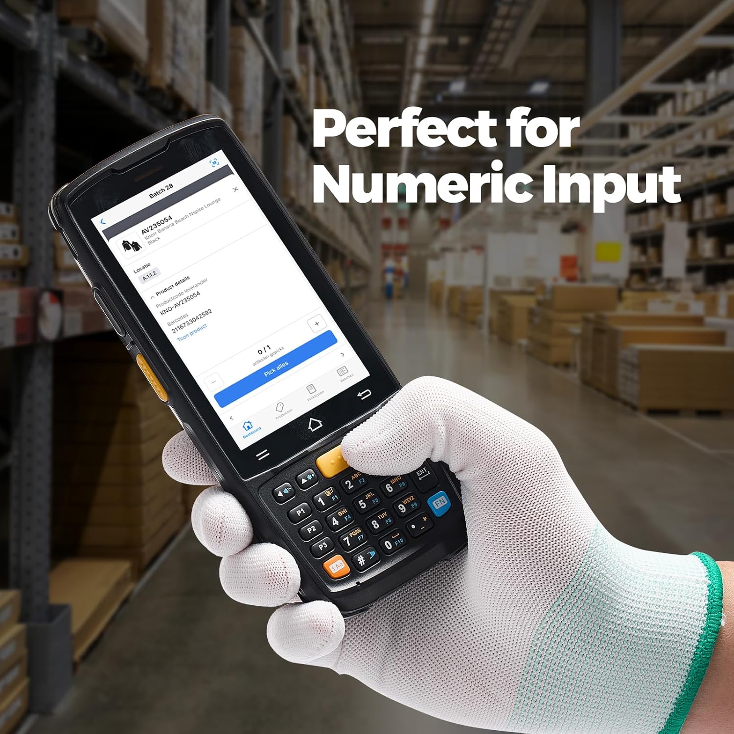 MUNBYN MC005 Android barcode scanner with ergonomic design and scanning window, ideal for retail and inventory management.