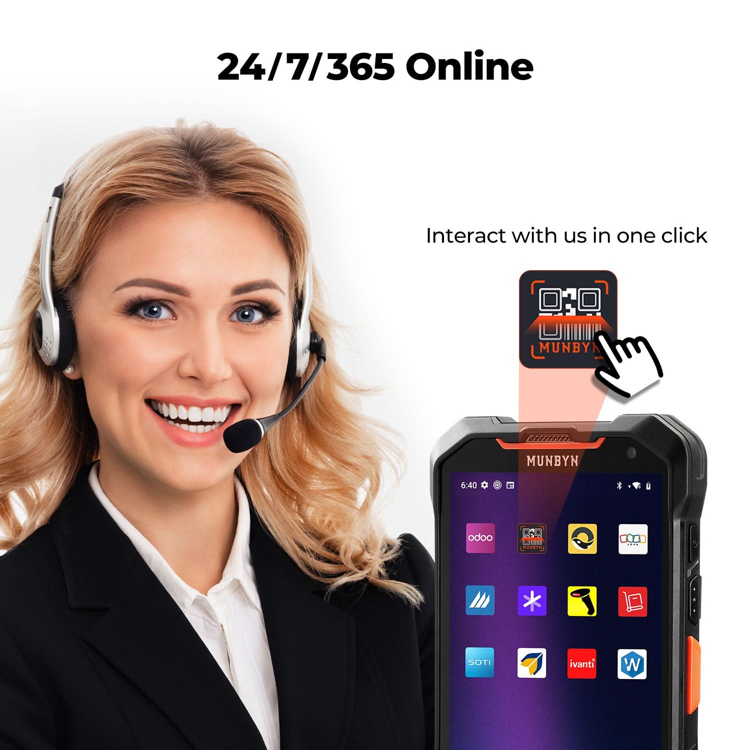 MUNBYN AS01P barcode scanner with ergonomic design and scanning window, used for quick barcode reading in retail and warehouse settings.