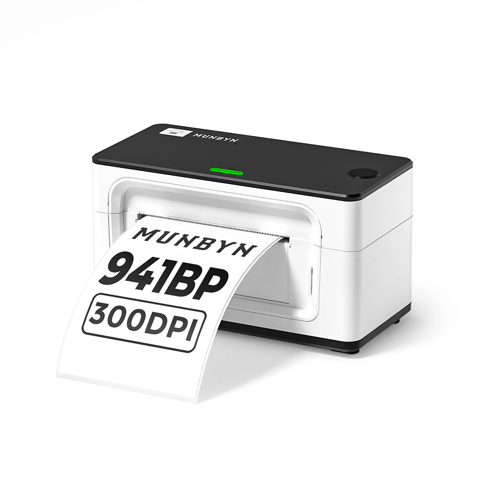 MUNBYN RealWriter 941BP thermal label printer with white finish and 300 DPI resolution for high-quality label printing.