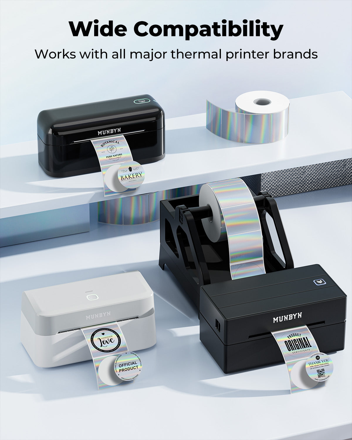 Holographic silver labels printed on MUNBYN label printer paper, featuring vibrant, reflective holographic design on a white background.