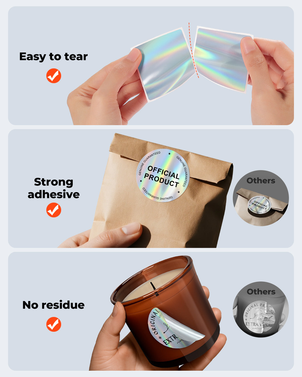 Holographic silver labels printed on MUNBYN label printer paper, showcasing shiny, reflective surface and vibrant holographic design.