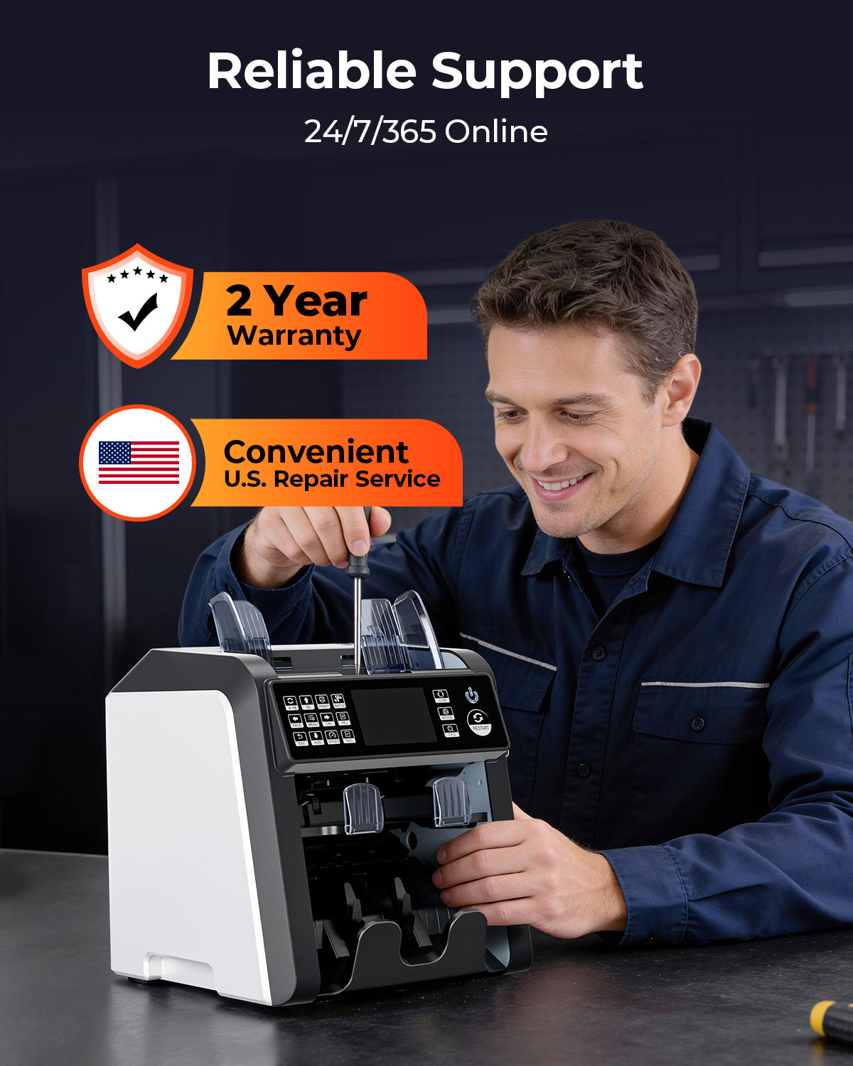 MUNBYN IMC08 money counter machine with white body and digital display for fast, accurate cash counting.