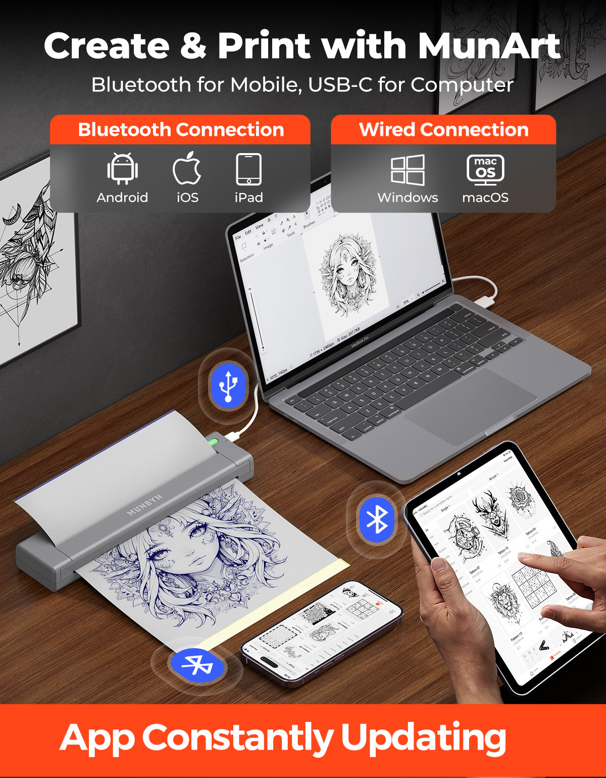 MUNBYN ITP05S Tattoo Stencil Bluetooth Thermal Printer with 20 Sheets Transfer Paper