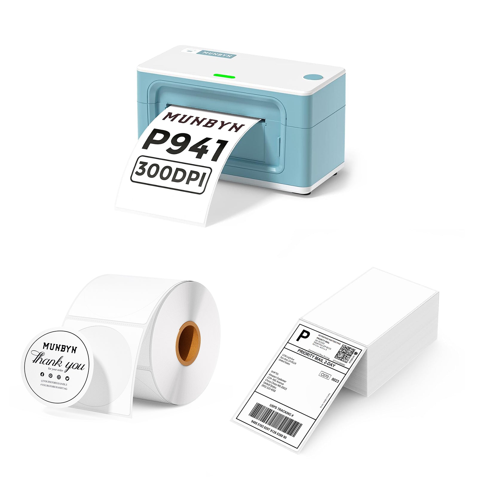 MUNBYN RealWriter 941BP thermal label printer kit with green labels and accessories for professional printing tasks