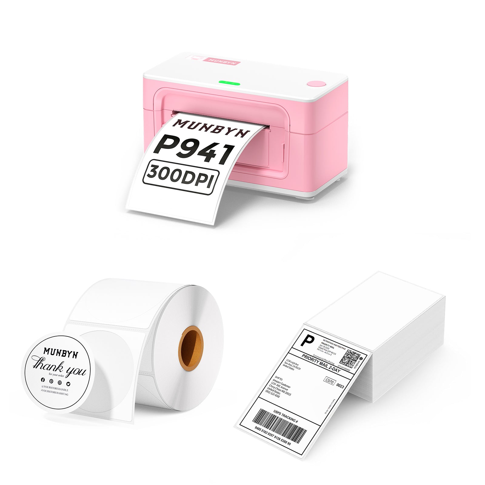 MUNBYN RealWriter 941BP thermal label printer kit with five printers, compact design, and multiple connectivity options.