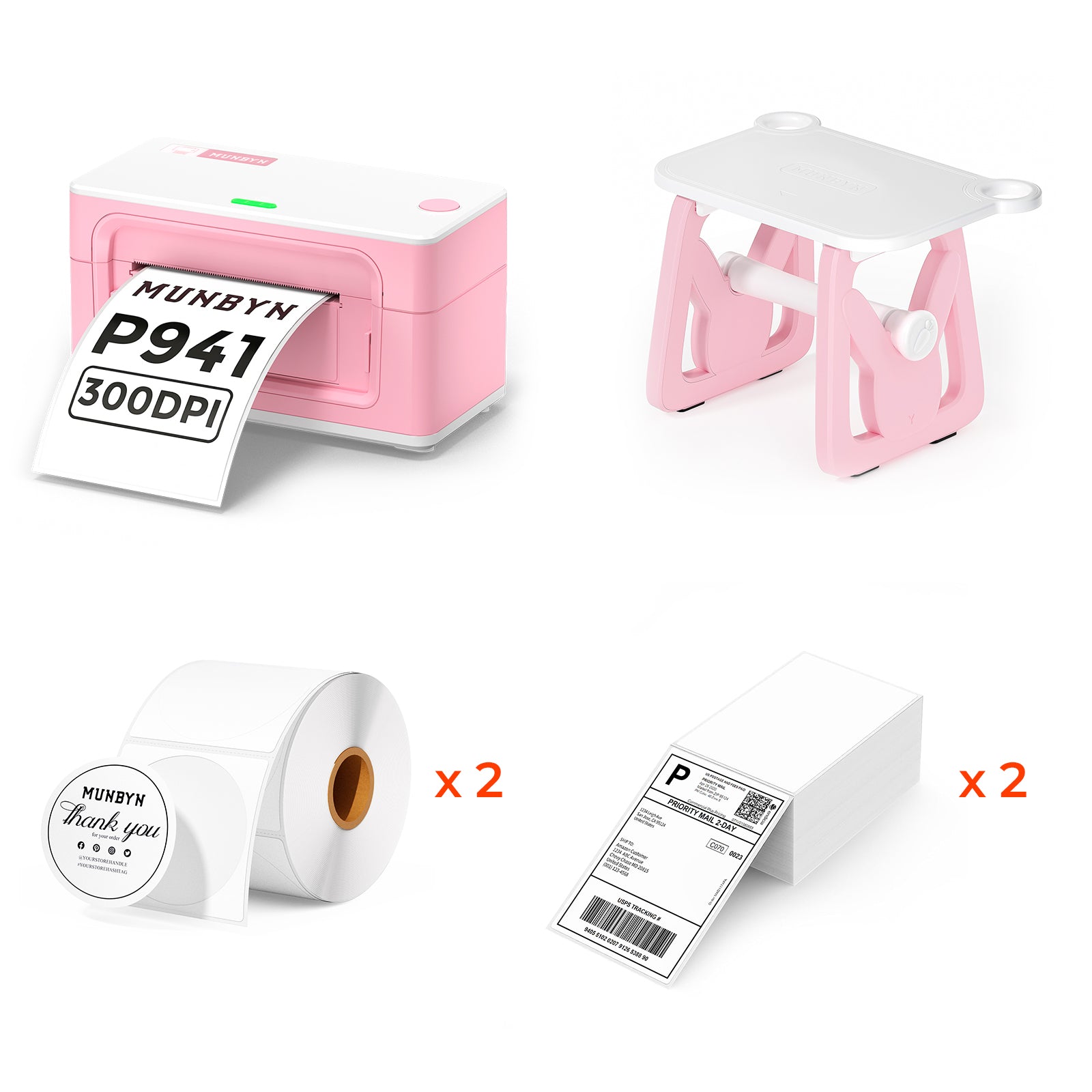 MUNBYN RealWriter 941BP thermal label printer kit with black and pink components, showing the printer and accessories.