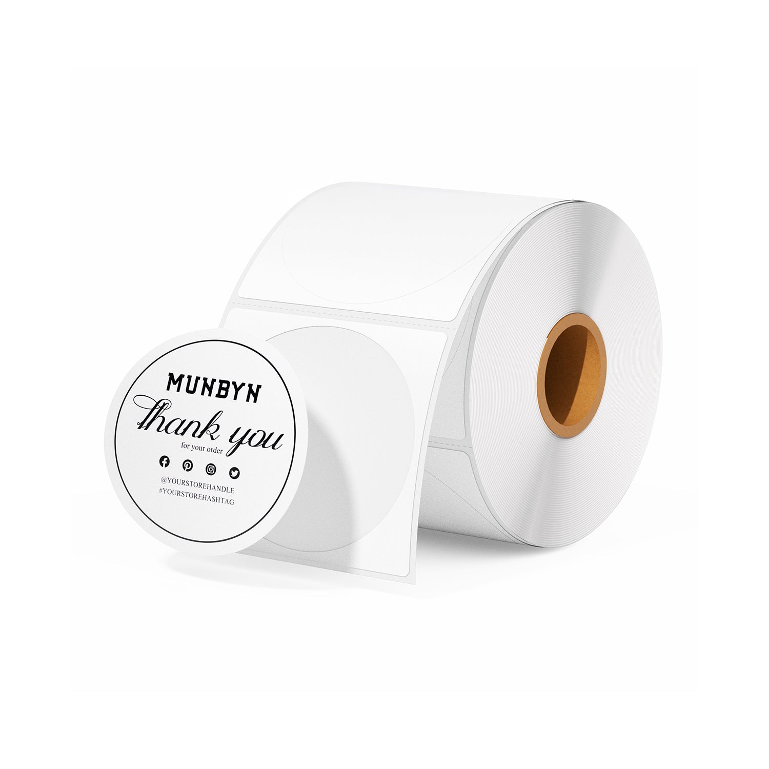 White 2-inch circle labels printed on MUNBYN label printer paper, shown on LG001-WHTYPA roll.