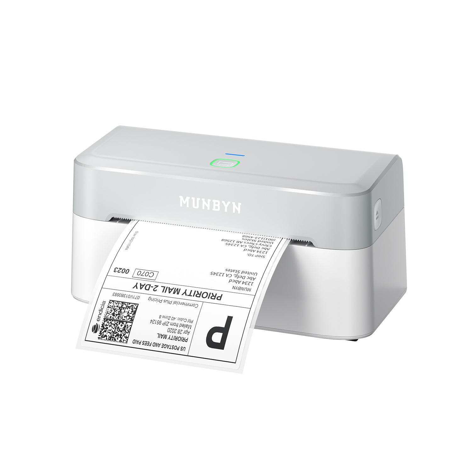 MUNBYN RealWriter 403B thermal label printer kit with white label roll, USB connection, for shipping and labeling tasks.