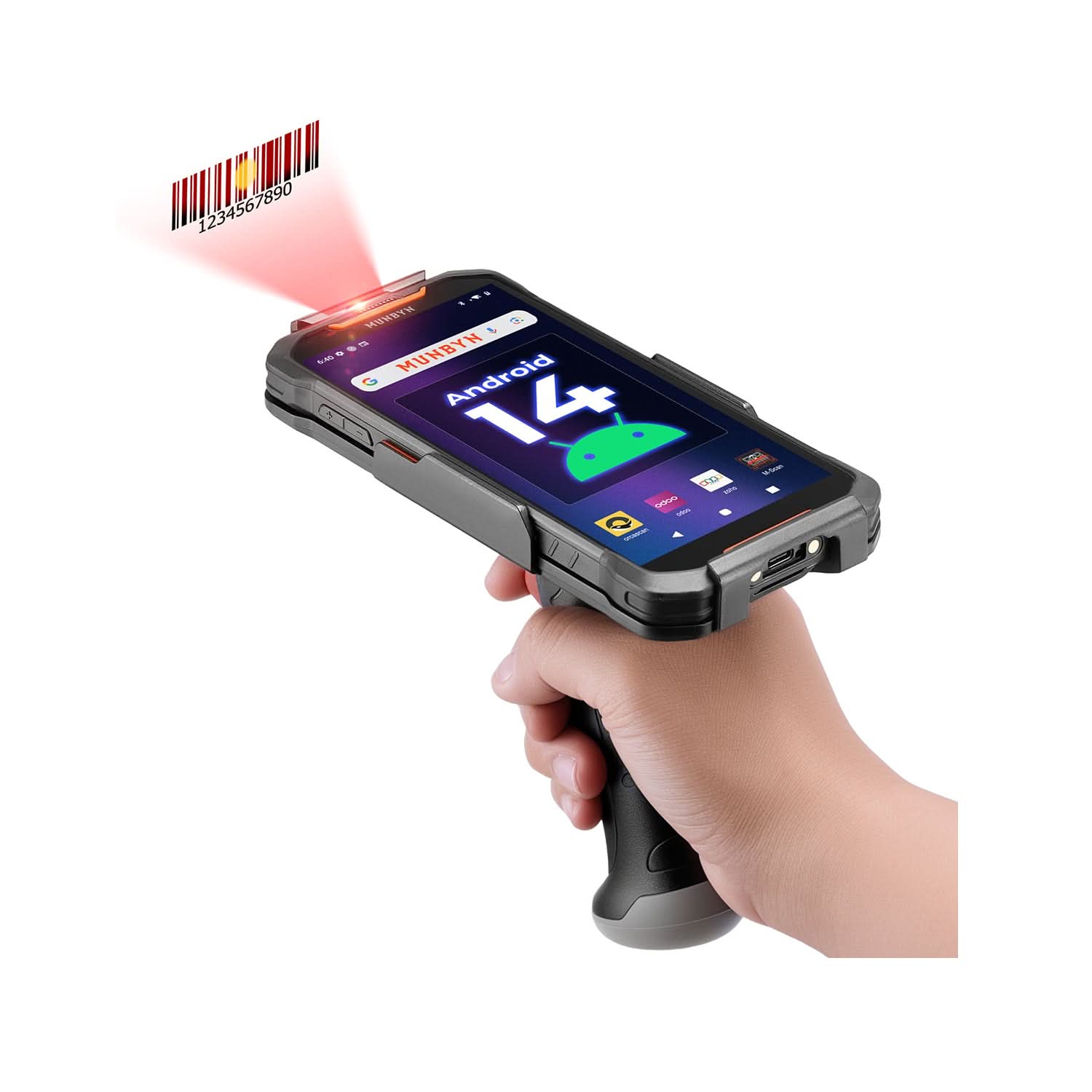 MUNBYN AS01P barcode scanner with black handle and scanning window, handheld device for quick barcode reading.