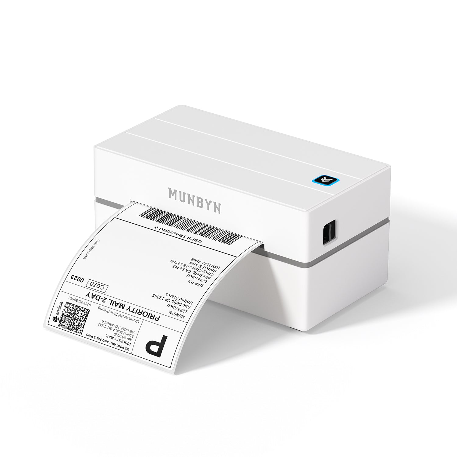 MUNBYN RealWriter 130B thermal label printer with white design, compact thermal printer for labels and shipping documents.