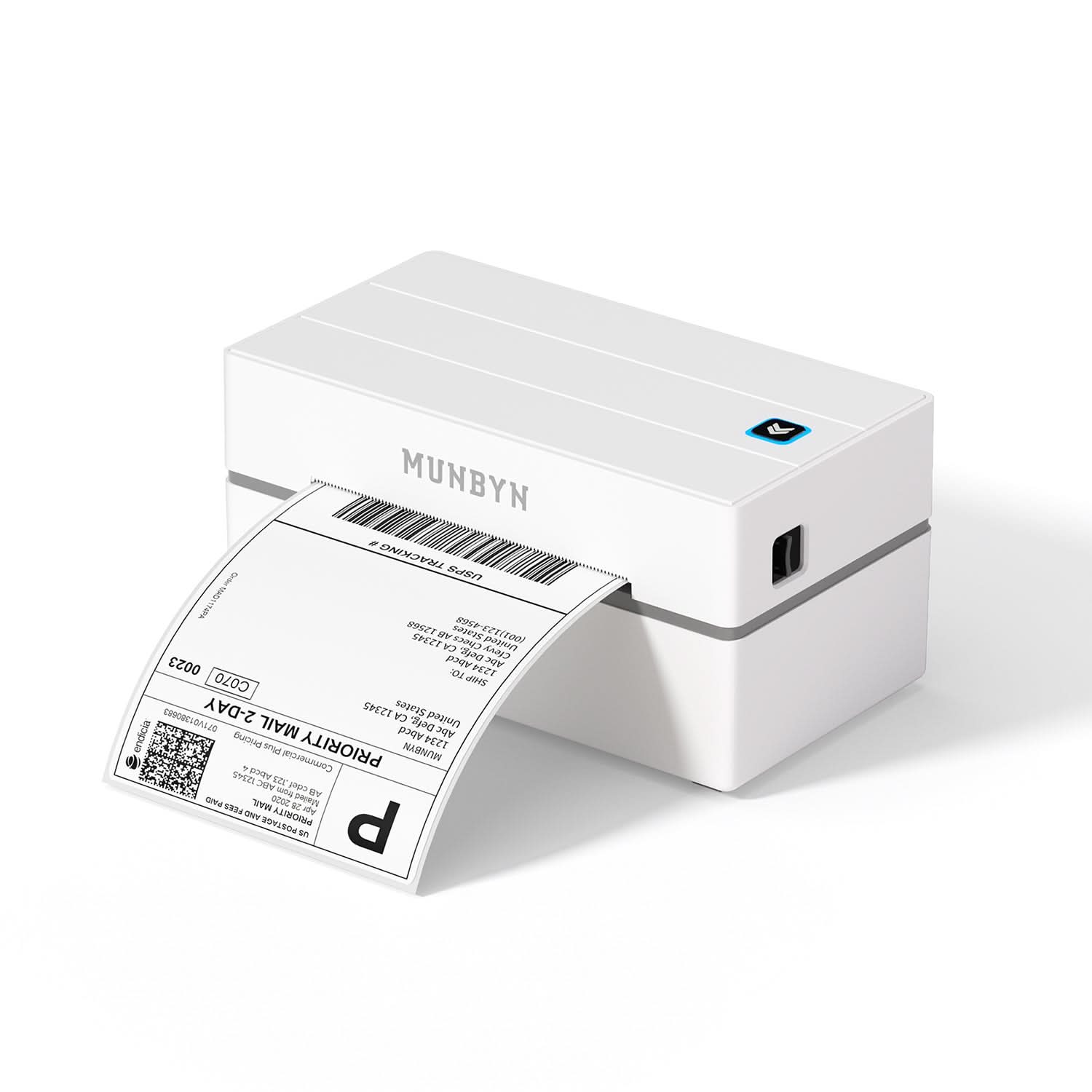 MUNBYN RealWriter 130B thermal label printer with white design, compact thermal printer for labels and shipping documents.