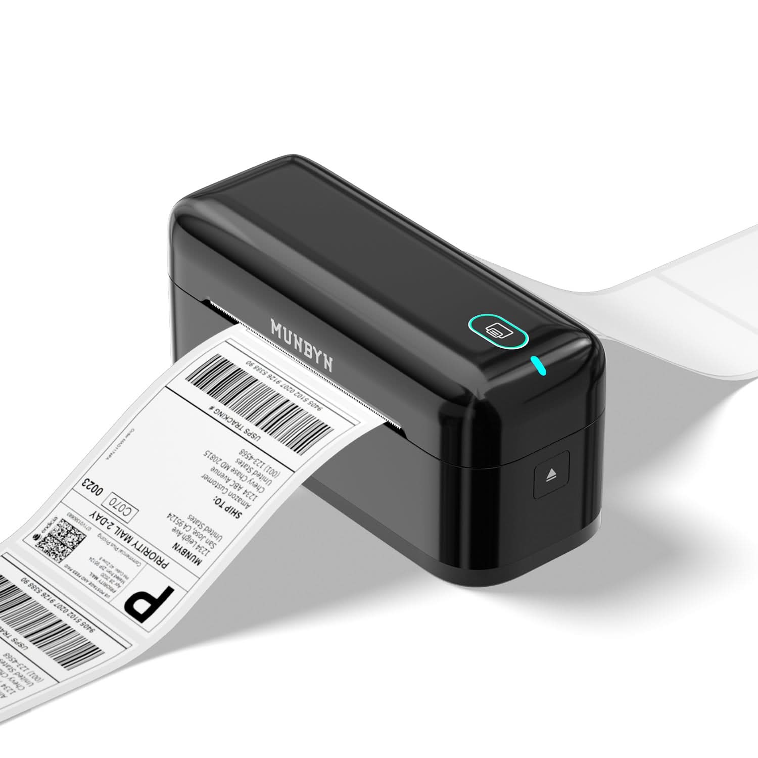 MUNBYN RealWriter 402B thermal label printer with black finish, compact design, and paper labels loaded, ready for printing.