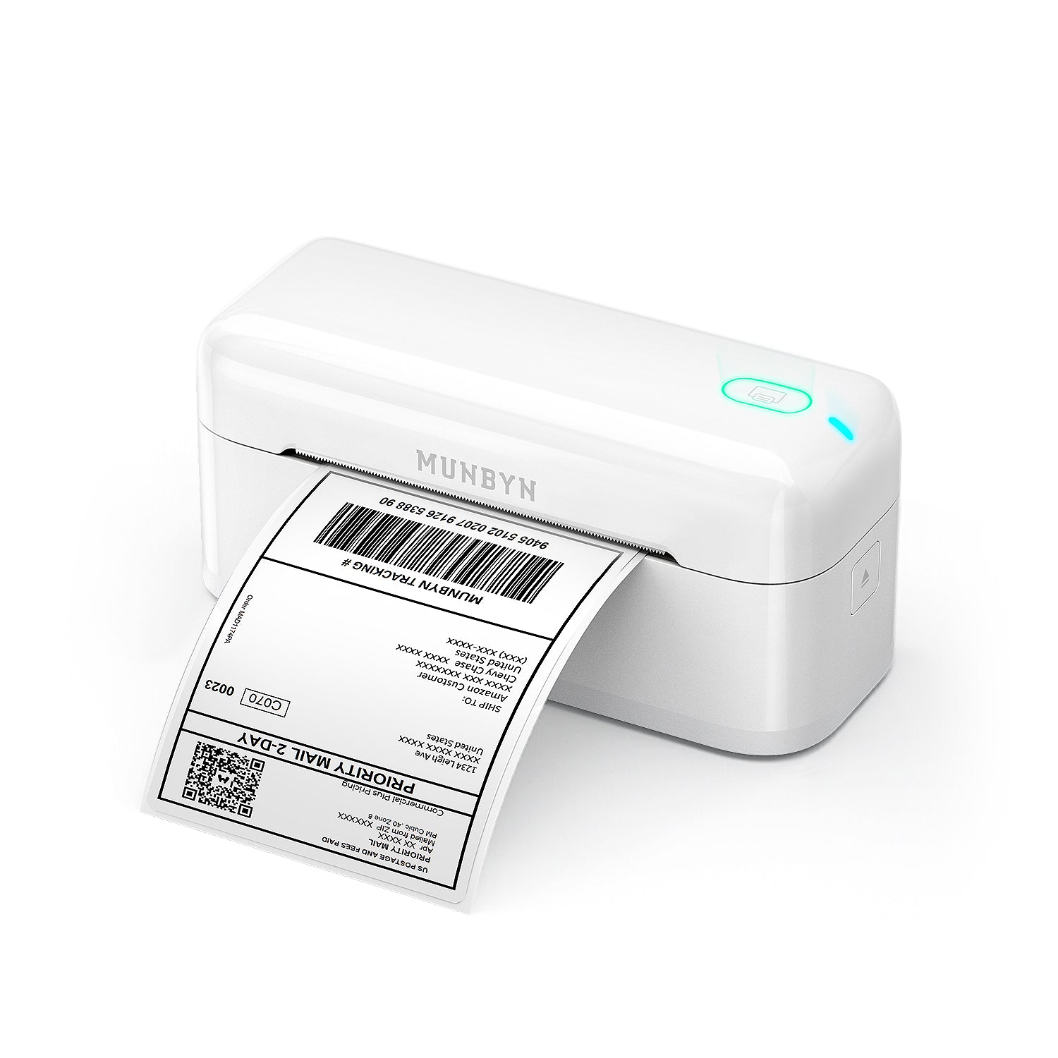 MUNBYN RealWriter 402B thermal label printer in white with paper loaded, designed for printing shipping and barcode labels.