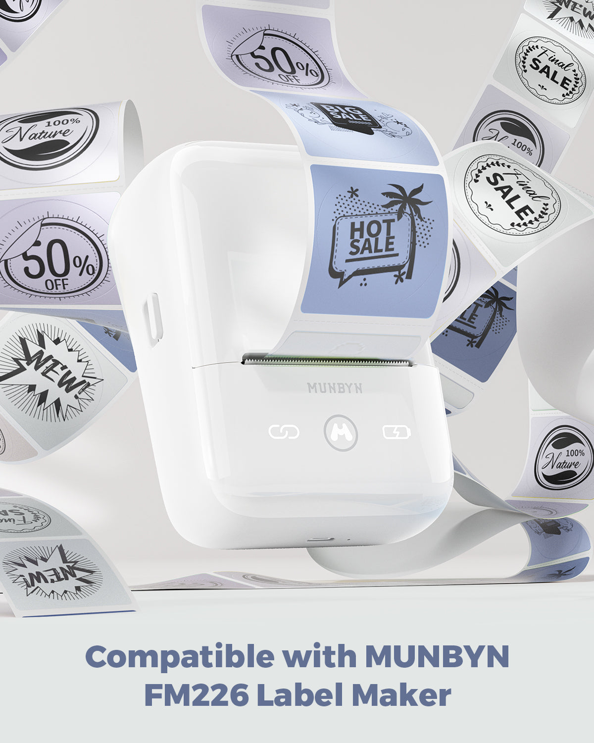 White 2-inch Morandi labels on MUNBYN label printer paper roll, ready for printing and labeling tasks.
