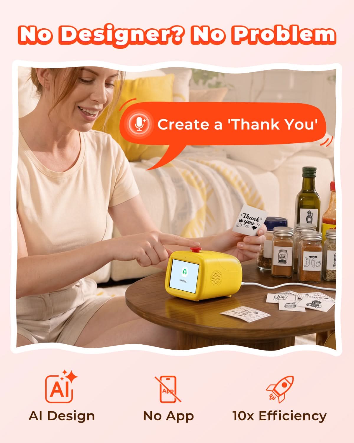 Person using AI sticker printer to create a 'Thank You' card