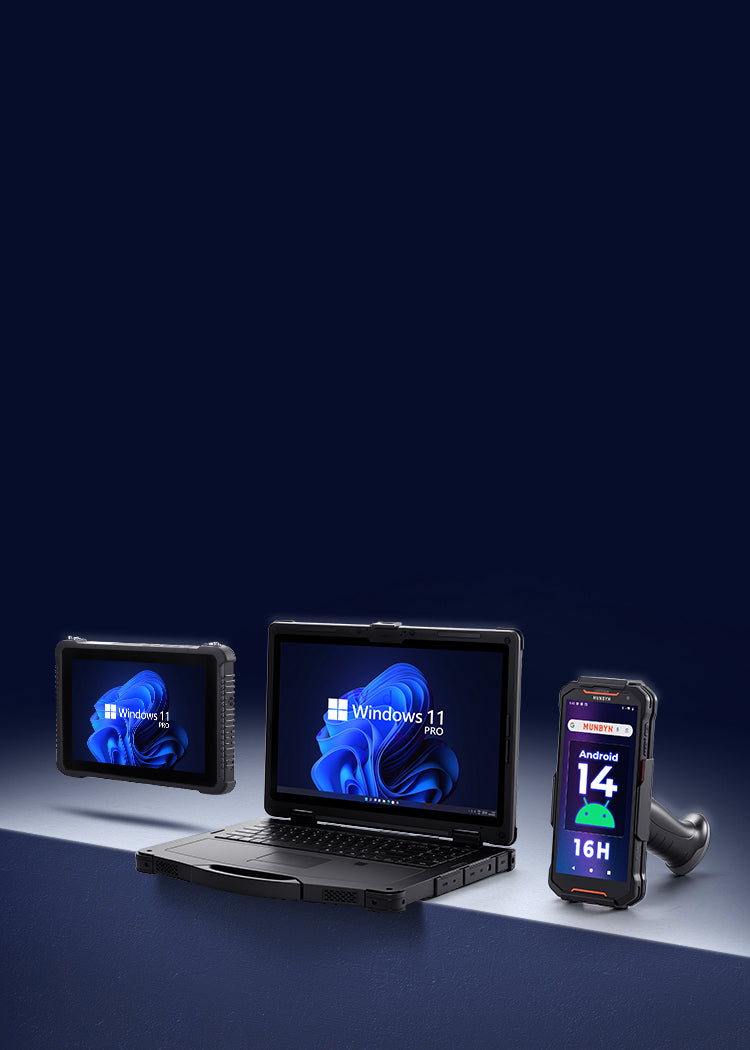 Munbyn laptop, tablet, and PDA scanner displaying Windows 11 on screens against a dark blue background