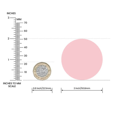Size comparison of a 2-inch pink round label with a UK one pound coin and inch-mm scale.