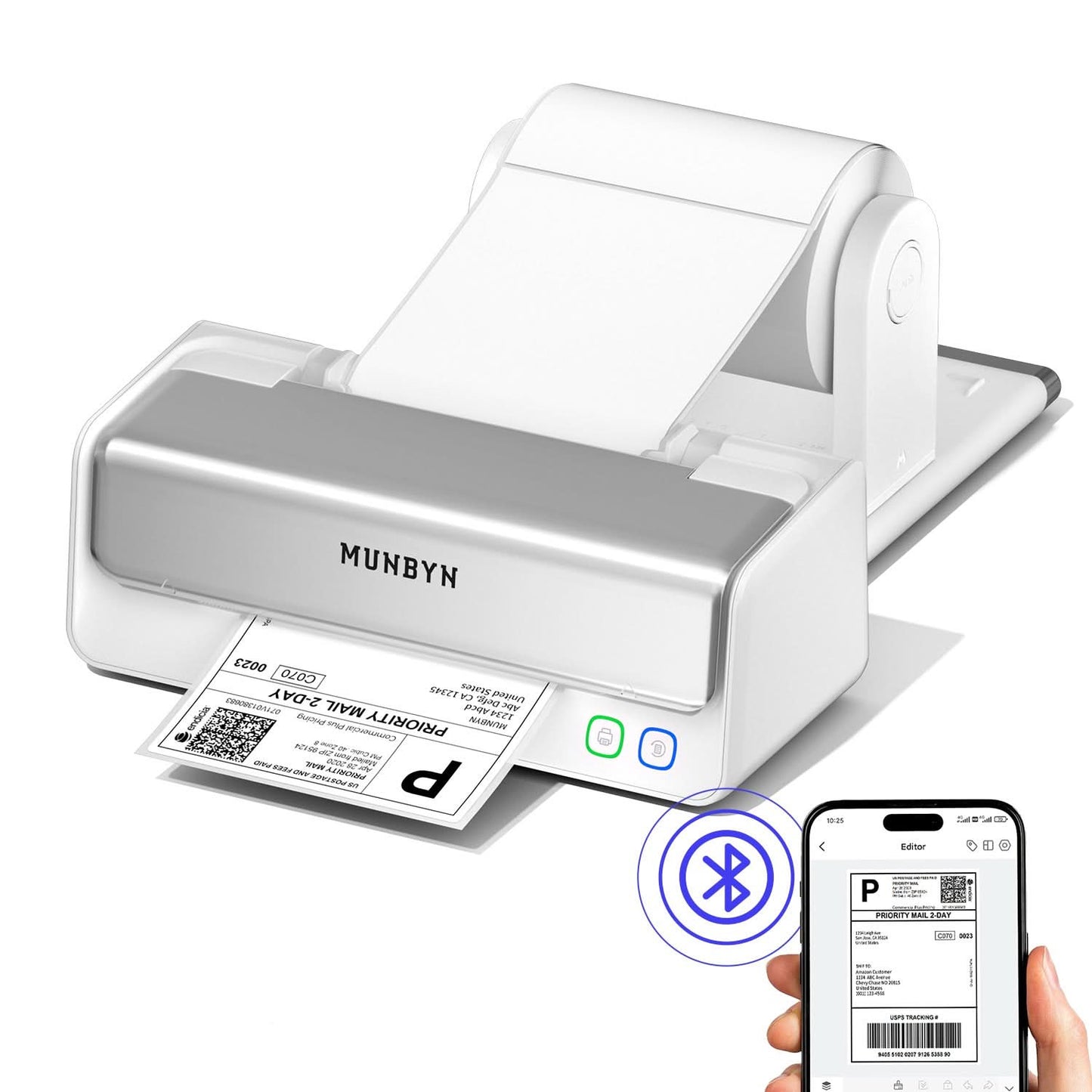 MUNBYN RealWriter 405B Replaceable Print-Head Bluetooth Thermal Label Printer with Label Holder