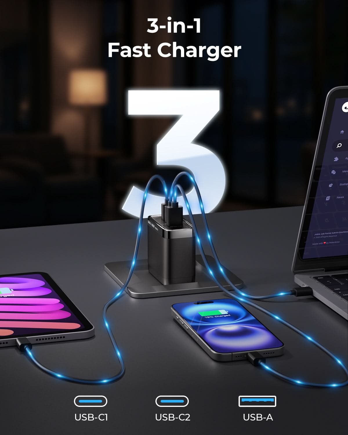 MUNBYN NexGo™ 100W GaN III 3-Port USB C Charger Block