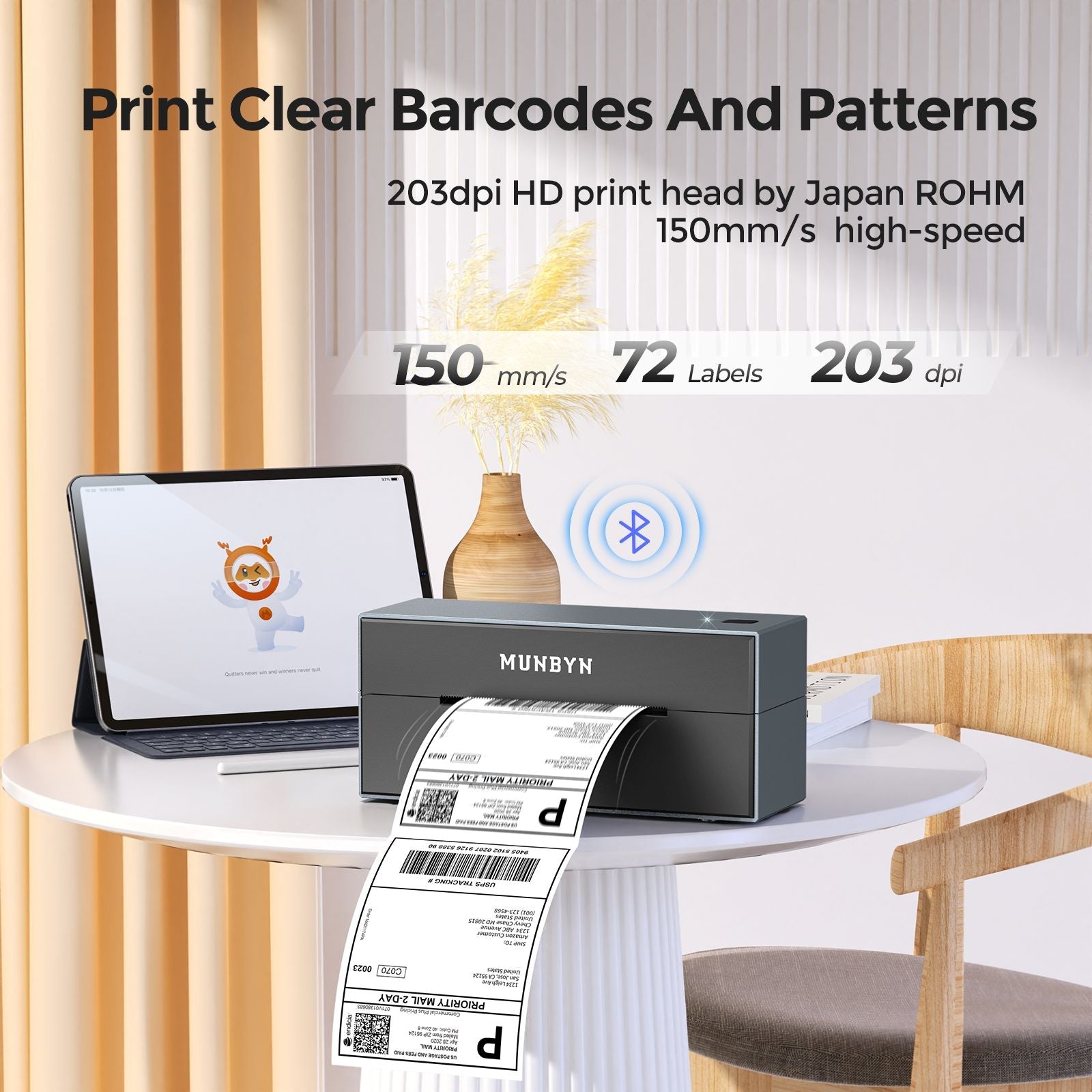 MUNBYN wireless Bluetooth label printer is a 203 dpi high-speed label printer