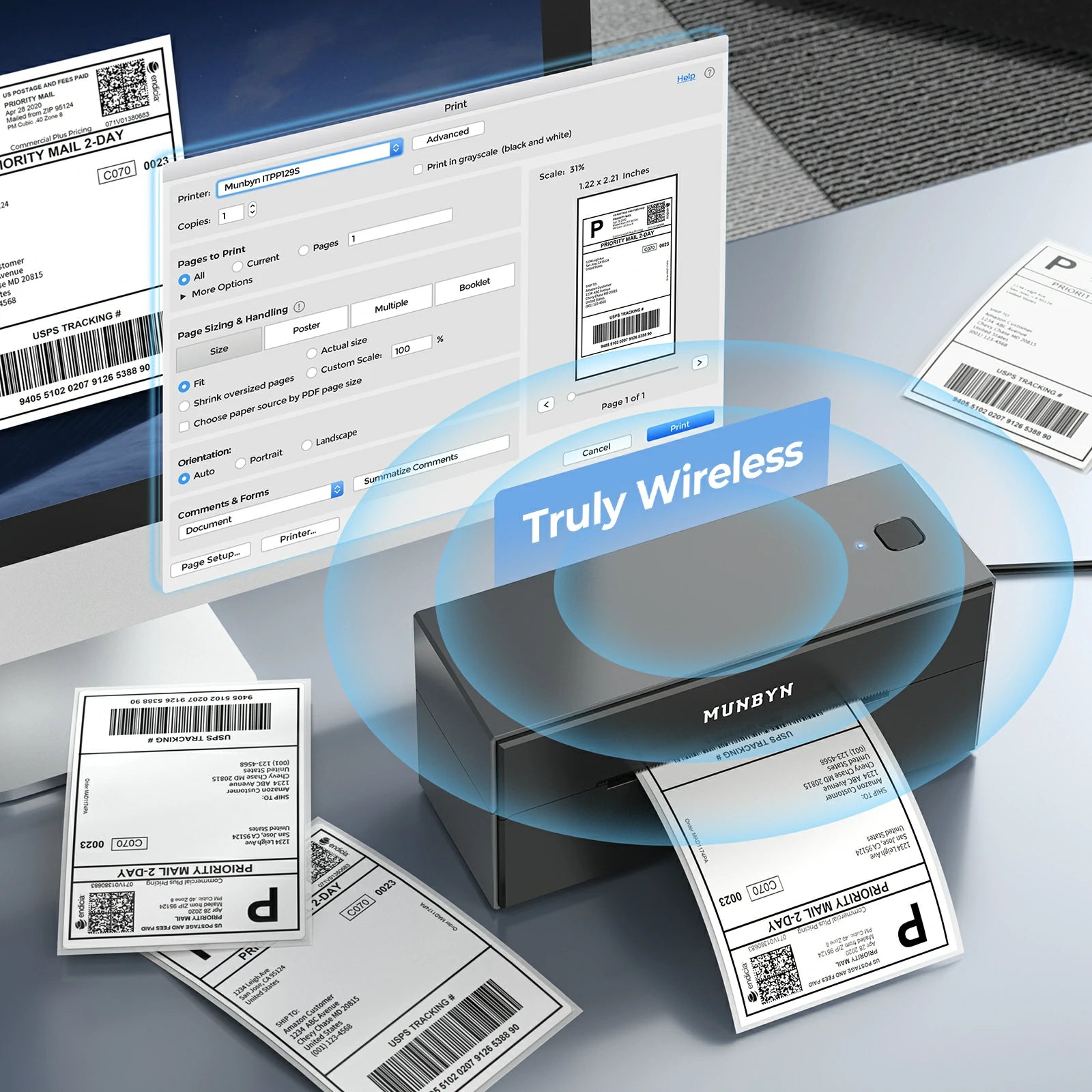 MUNBYN P129S WiFi thermal label printer can connect to devices via WiFi.