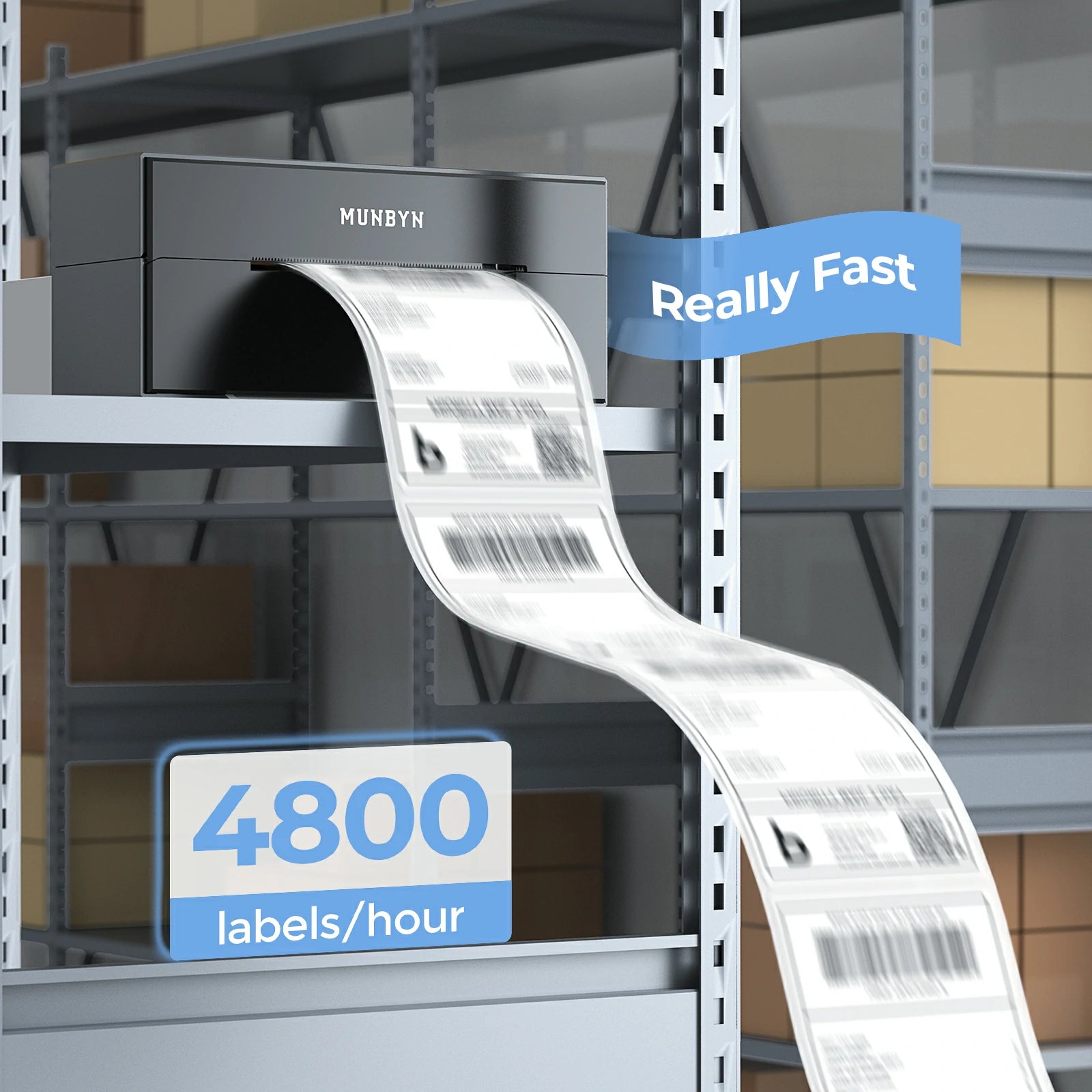 MUNBYN P129S WiFi label printer can print 4,800 labels per hour.