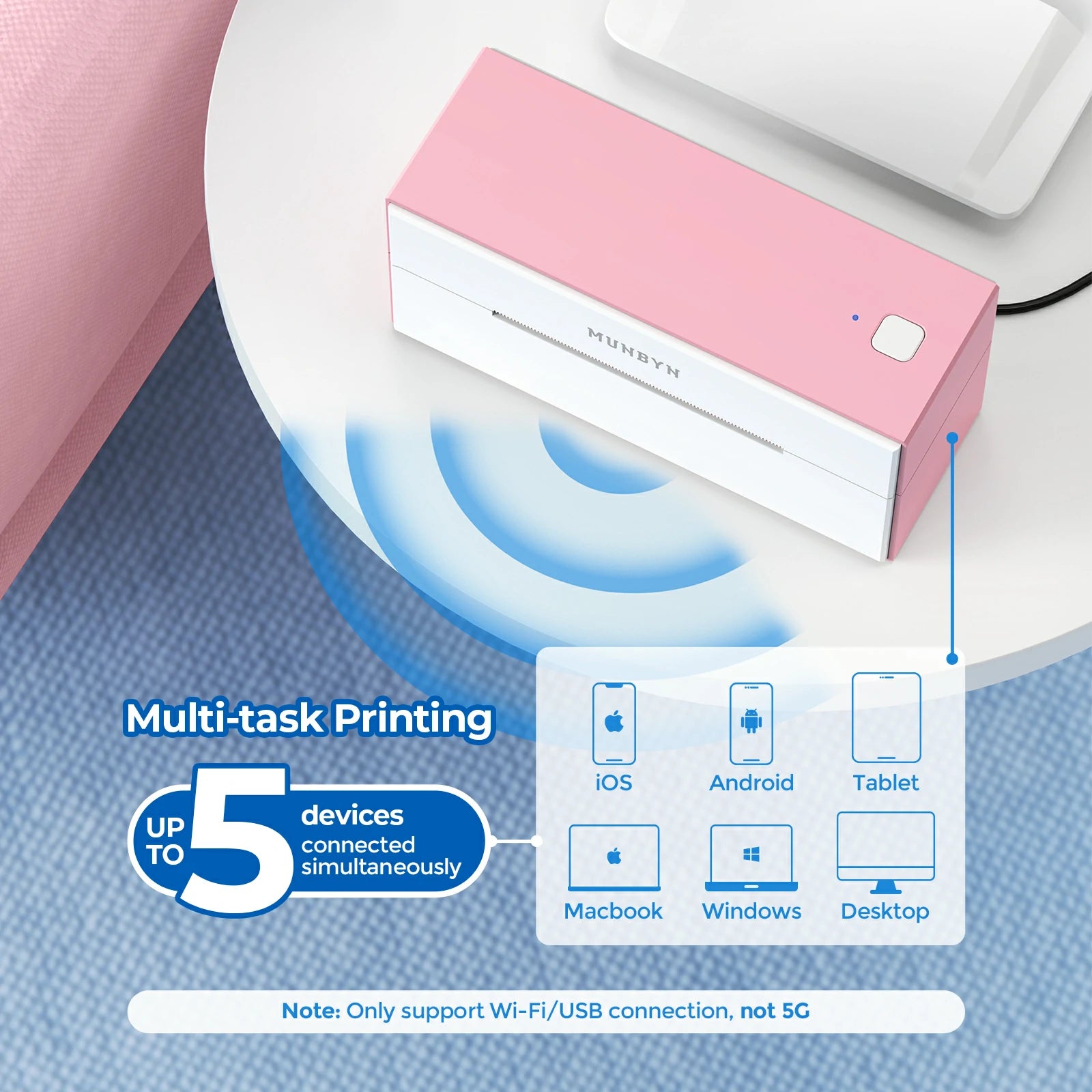 MUNBYN P129S thermal printer features seamless WiFi connectivity, allowing for effortless wireless printing from 5 devices within your network.