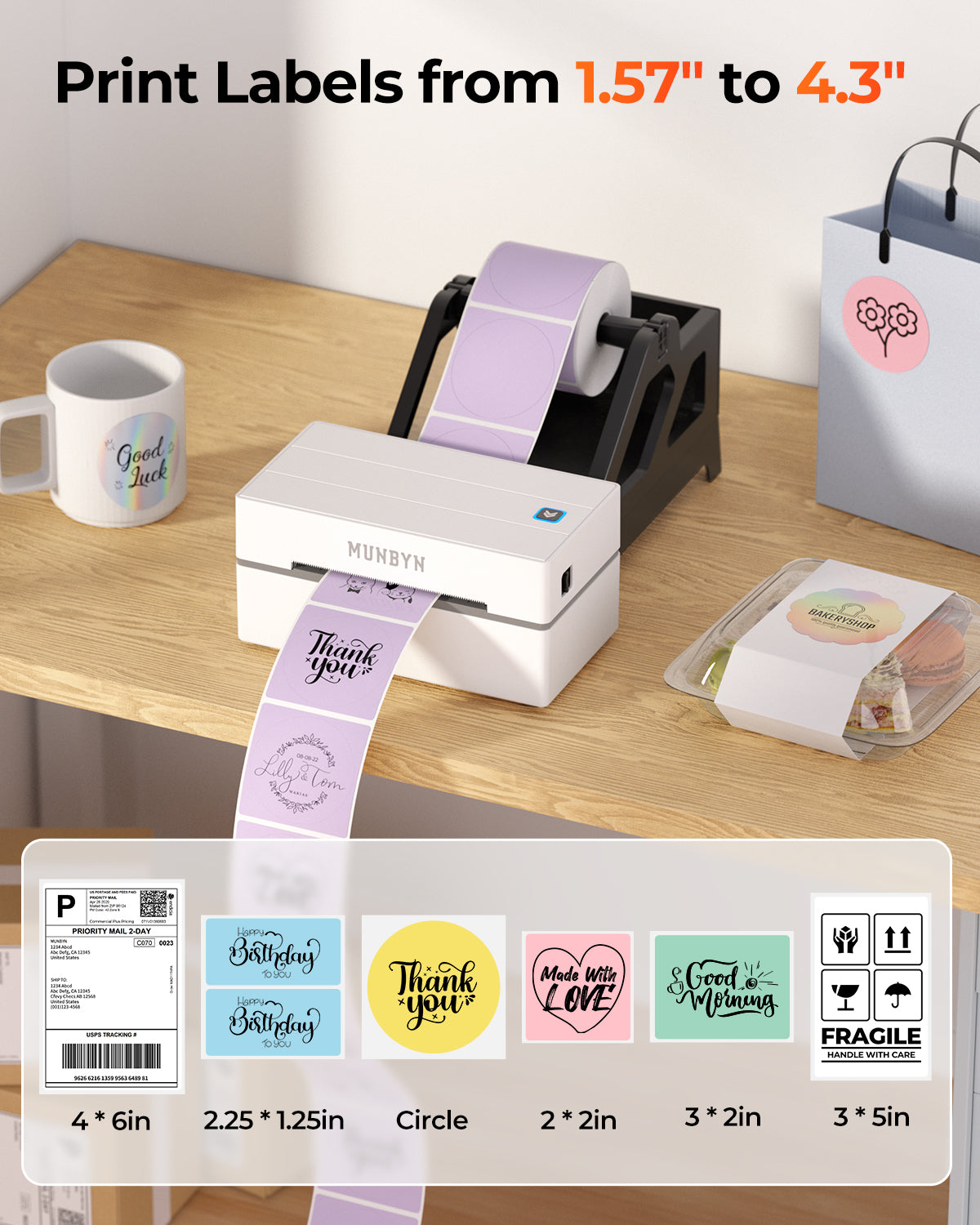 MUNBYN RealWriter 130B Bluetooth Printer & Rectangle Pink Labels Beauty Packaging Basic Kit
