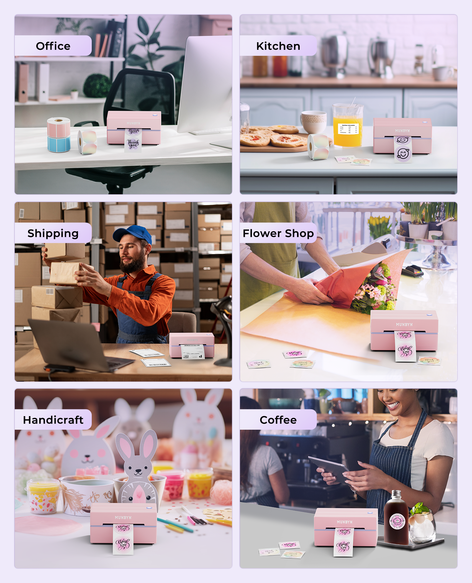 MUNBYN RealWriter 130B thermal label printer with compact design and paper roll, ideal for shipping and barcode labels.