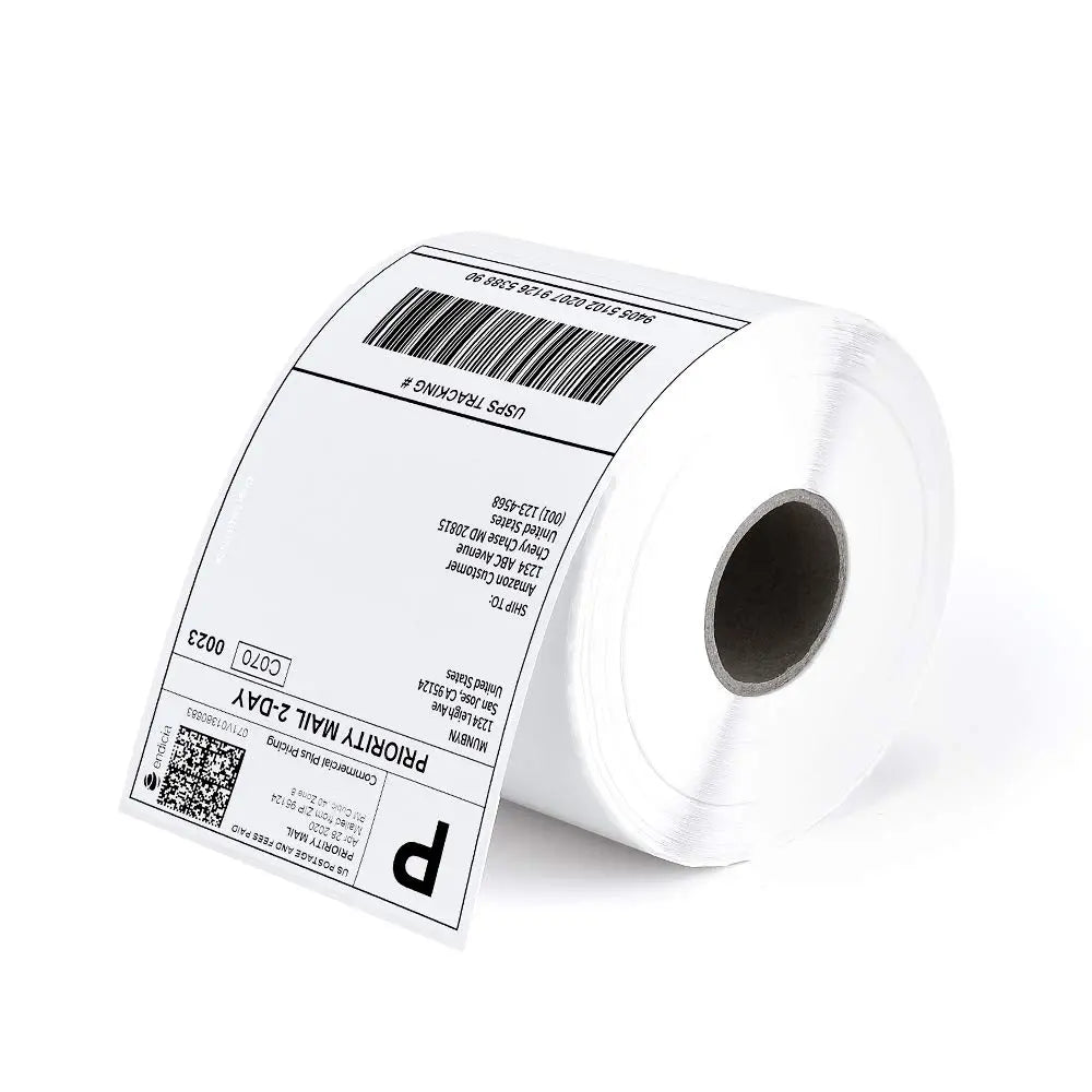 Sheet of 4x6 inch shipping labels on label printer paper from MUNBYN, showing neatly aligned blank labels on a white background.
