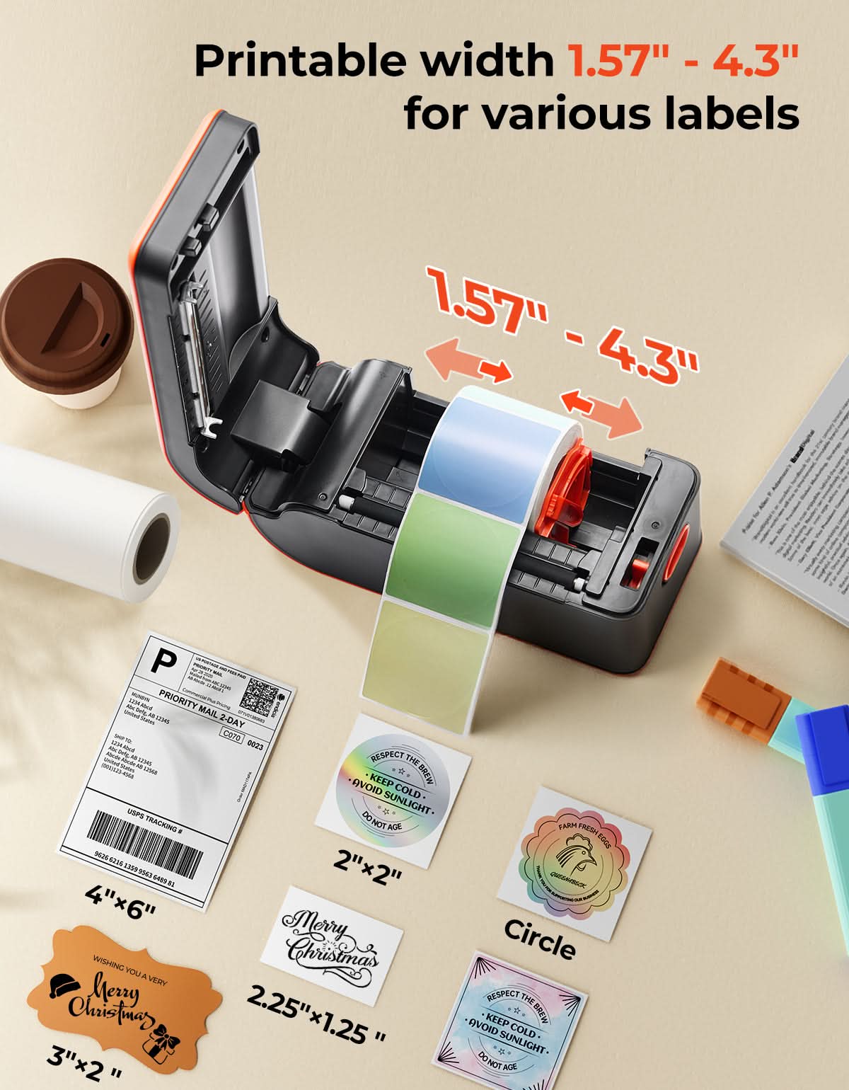 MUNBYN MC240 battery-operated wireless label printer supporting various sizes of labels