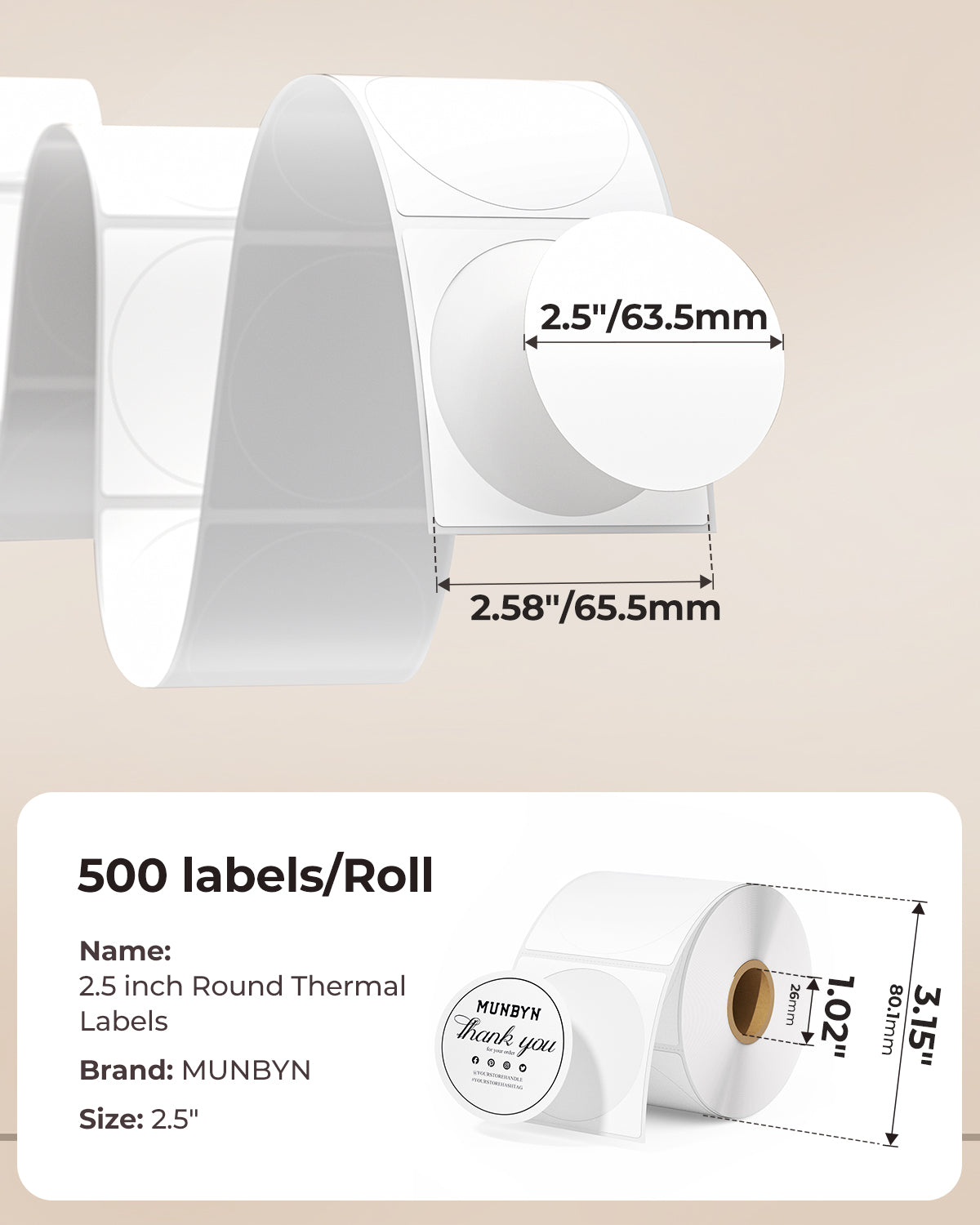 MUNBYN 2.5"Round Thermal Labels for Small Business & Homemade Treats