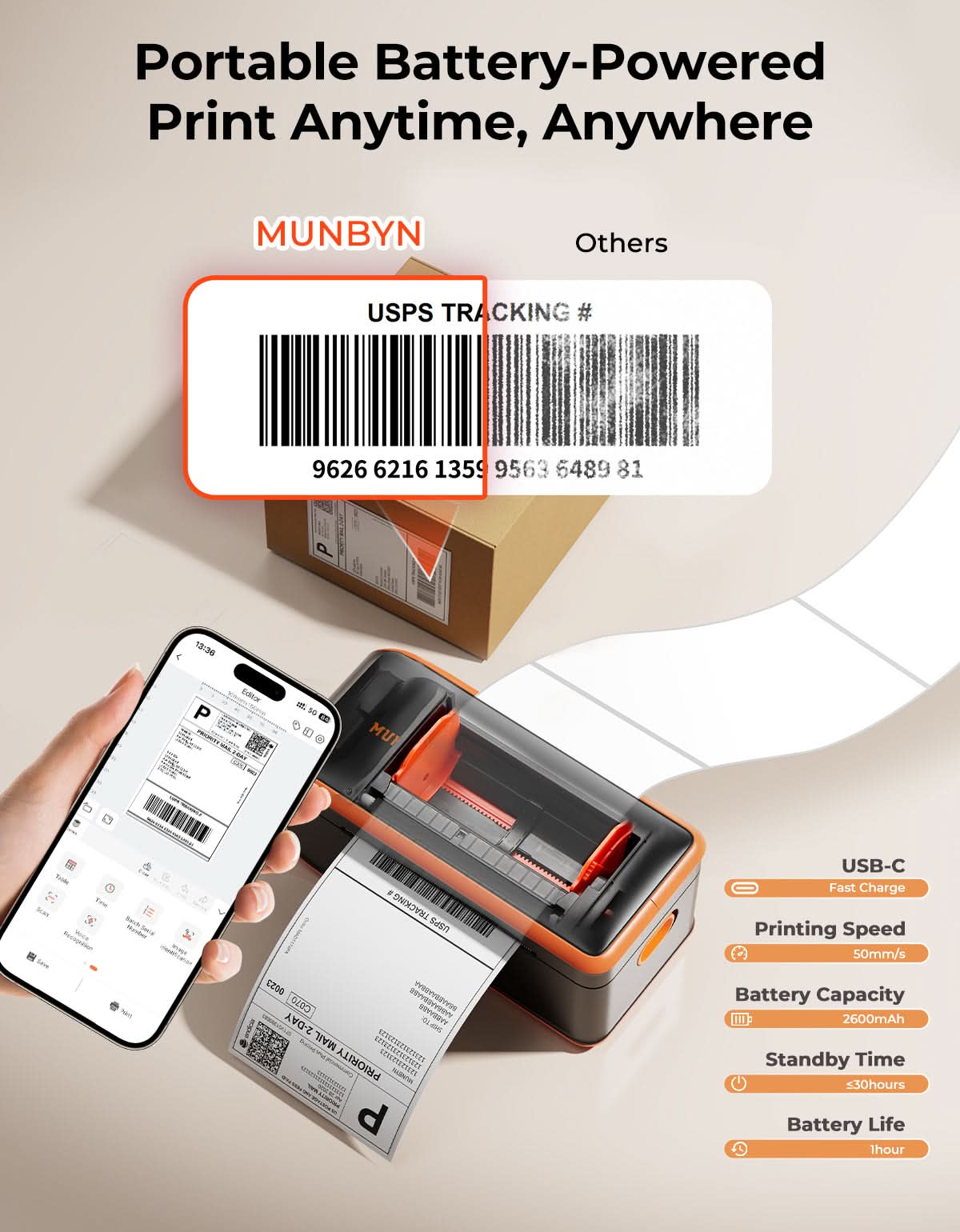 Portable battery-powered printer with smartphone and barcode label