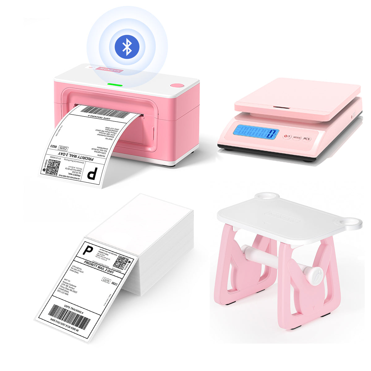 The bundle includes a Bluetooth thermal printer, a multifunctional MUNBYN pink label holder, a stack of shipping labels, and a postal scale.