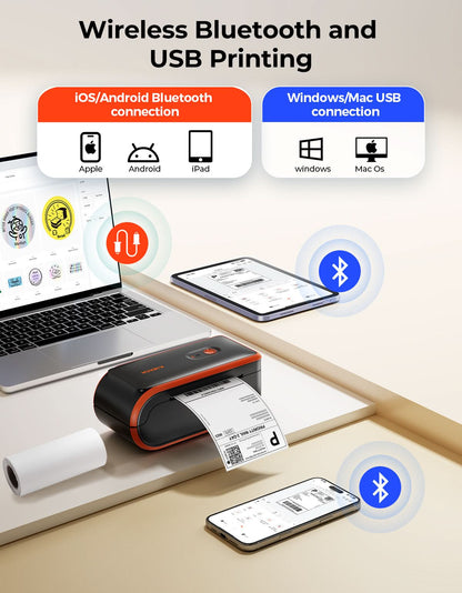 MUNBYN Battery-operated Label Printer Supporting Wireless Bluetooth and USB printing