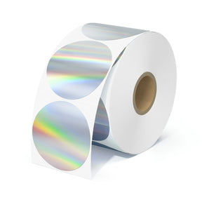 MUNBYN holographic silver circle thermal labels are 2" x 2".